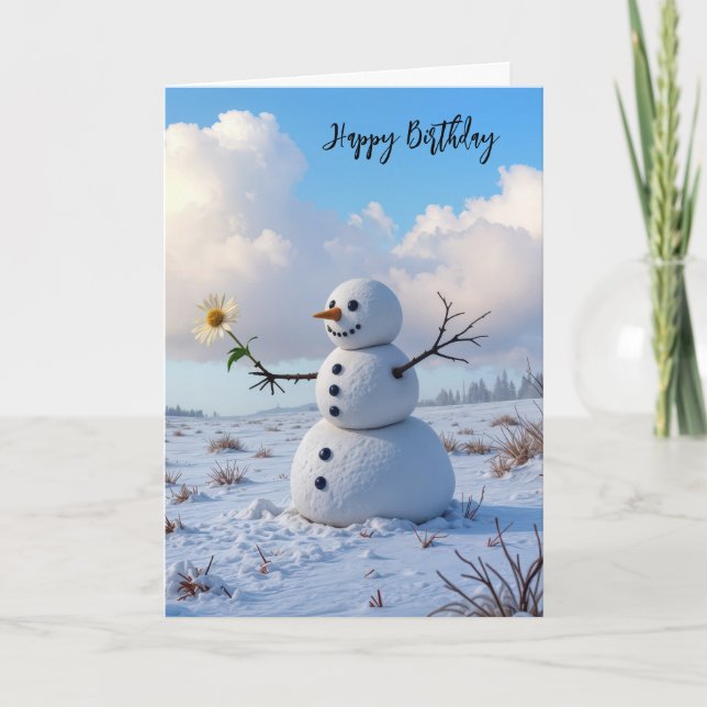 Birthday Snowman Holding a White Daisy Card (Front)