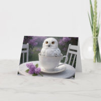 Birthday Snowy Owl in a Teacup with Lilacs