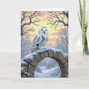 Birthday Snowy Owl On a Stone Arch Card