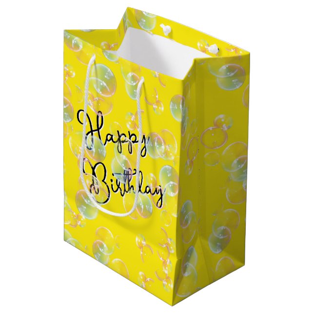 Birthday Soap Bubbles On Yellow Medium Gift Bag (Front Angled)