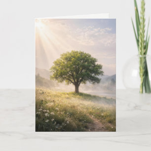 Birthday Solitary Green Tree in Mist with Sunbeams Card