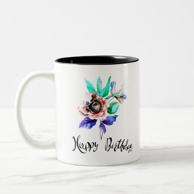 Birthday Spring Flowers with Watercolor Mug (Left)
