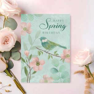 Birthday Spring Leaves Flowers and Bird Card