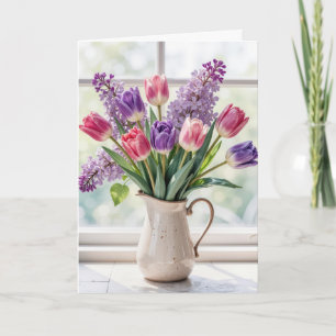 Birthday Spring Lilacs and Tulip Bouquet Card