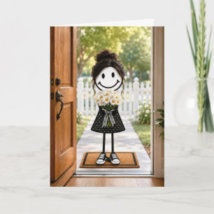 Birthday Stick Figure Girl Holding a Daisy Bouquet Card