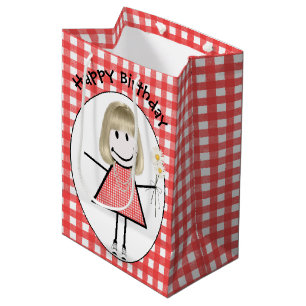 Birthday Stick Figure Girl In Sneakers on Gingham Medium Gift Bag