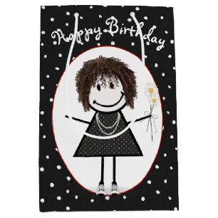 Birthday Stick Figure Girl On Polka Dots Medium Gift Bag
