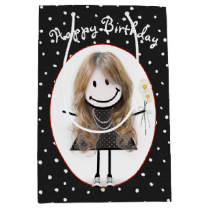 Birthday Stick Figure Girl On Polka Dots Medium Gift Bag