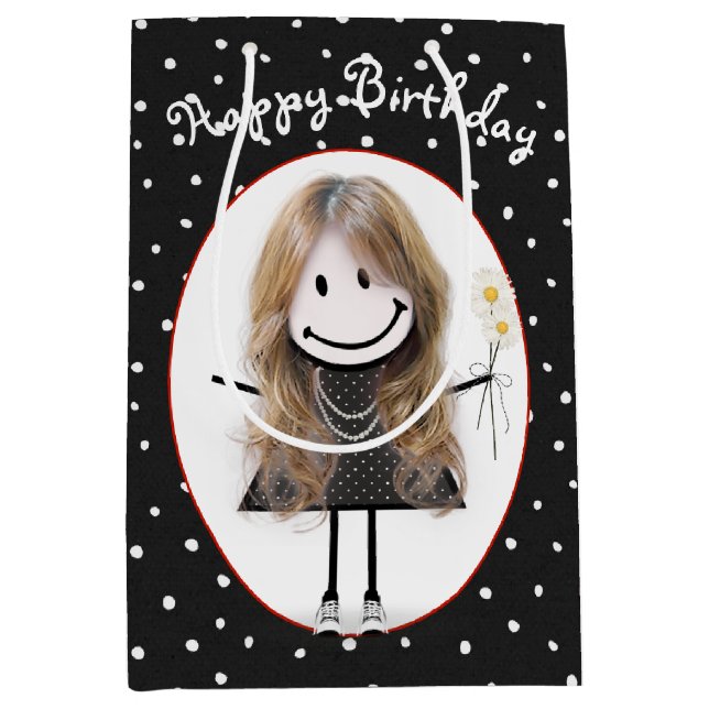 Birthday Stick Figure Girl On Polka Dots   Medium Gift Bag (Front)