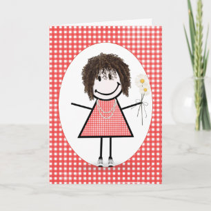 Birthday Stick Figure Girl On Red Gingham Card