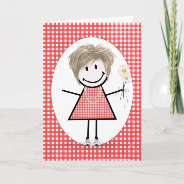 Birthday Stick Figure Girl On Red Gingham  Card (Front)