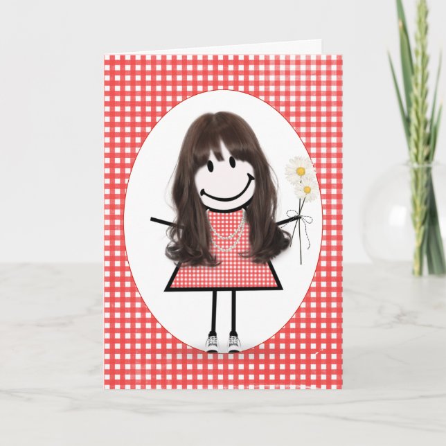 Birthday Stick Figure Girl On Red Gingham  Card (Front)