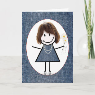 Birthday Stick Figure Girl with Daisies Card