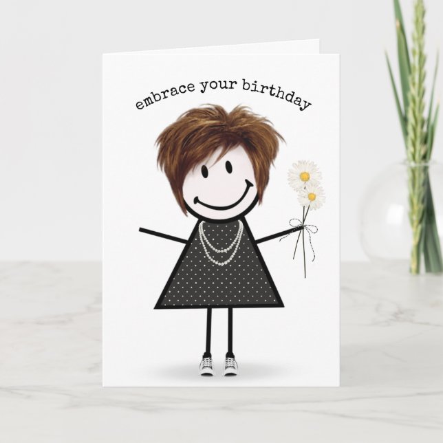 Birthday Stick Figure Girl with Daisies   Card (Front)