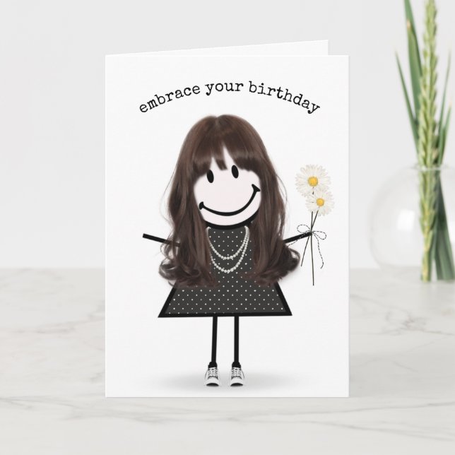 Birthday Stick Figure Girl with Daisies Card (Front)