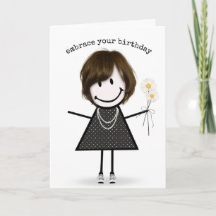 Birthday Stick Figure Girl with Daisies Card