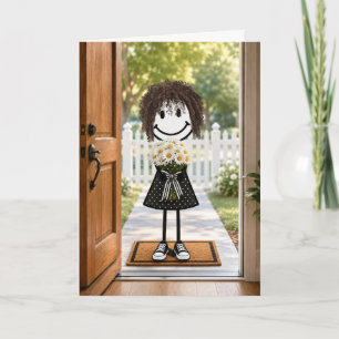 Birthday Stick Figure Girl with Daisy Bouquet Card