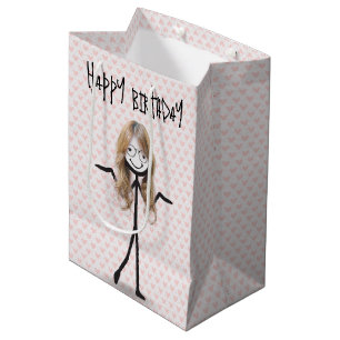 Birthday Stick Figure Girl With Hair and Glasses Medium Gift Bag