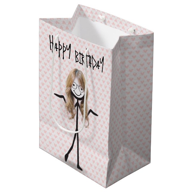Birthday Stick Figure Girl With Hair and Glasses Medium Gift Bag (Front Angled)