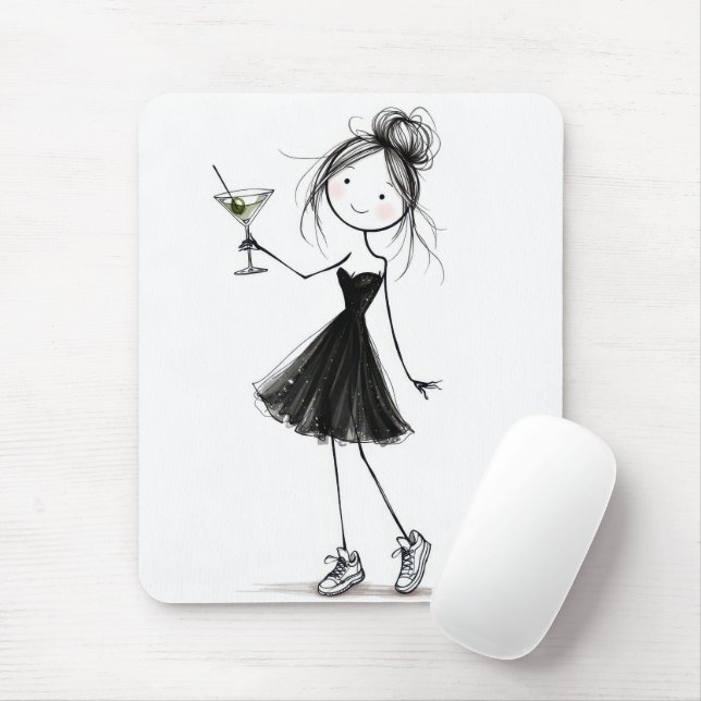 Birthday Stick Figure Girl with Martini Mouse Pad (With Mouse)