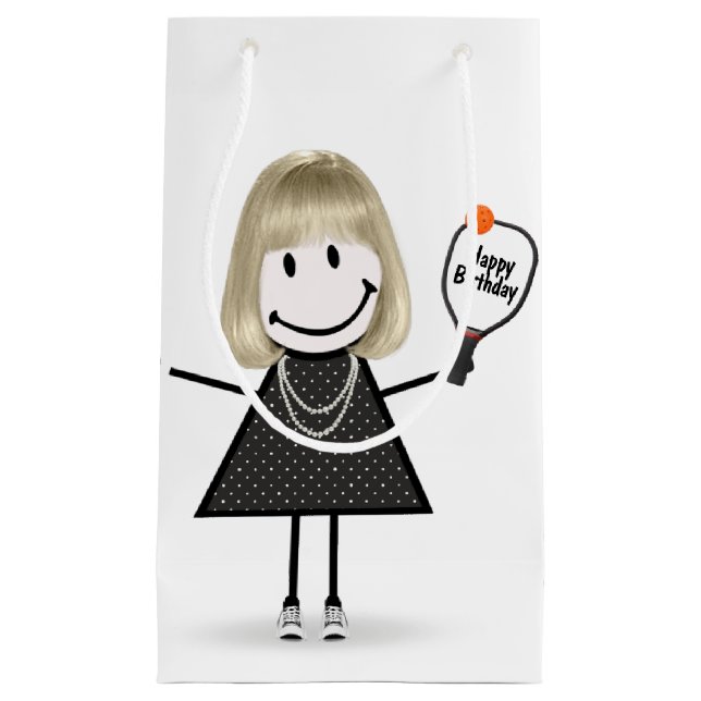 Birthday Stick Figure Girl with Pickleball  Small Gift Bag (Front)