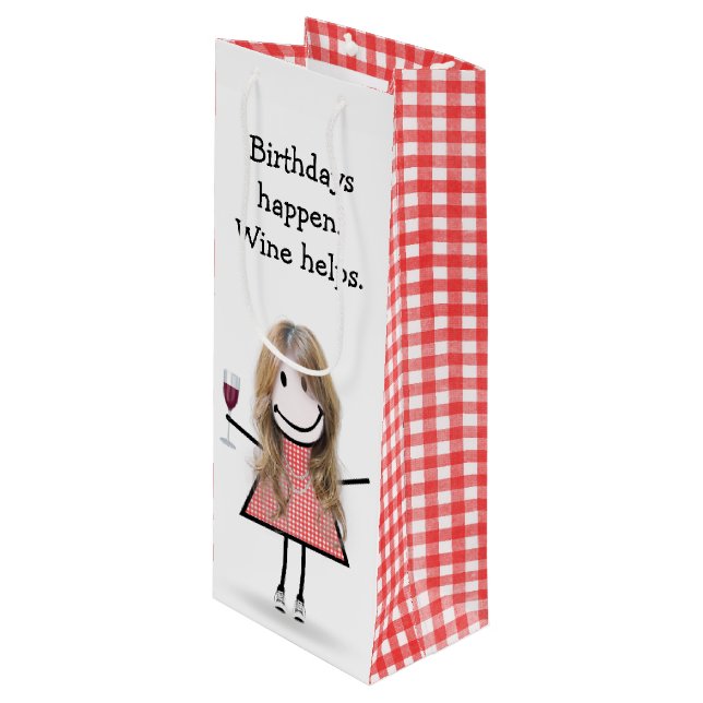 Birthday Stick Figure Girl with Red Wine  Gift Bag (Front Angled)