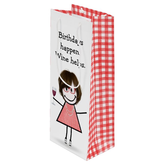 Birthday Stick Figure Girl with Red Wine  Gift Bag (Front Angled)