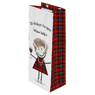 Birthday Stick Figure Girl with Red Wine   Gift Bag