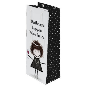 Birthday Stick Figure Girl with Red Wine Gift Bag