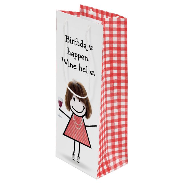 Birthday Stick Figure Girl with Red Wine  Gift Bag (Front Angled)