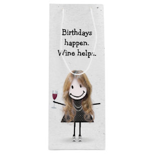 Birthday Stick Figure Girl with Red Wine Gift Bag