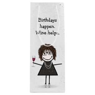 Birthday Stick Figure Girl with Red Wine Glass  Gift Bag