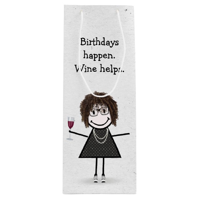 Birthday Stick Figure Girl with Red Wine Glass  Gift Bag (Front)