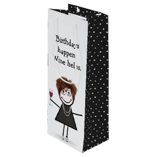Birthday Stick Figure Girl with Red Wine Glass   Gift Bag