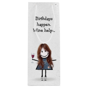Birthday Stick Figure Girl with Red Wine Glass Gift Bag