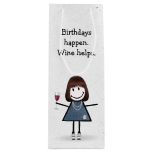 Birthday Stick Figure Girl with Red Wine Glass Win Gift Bag