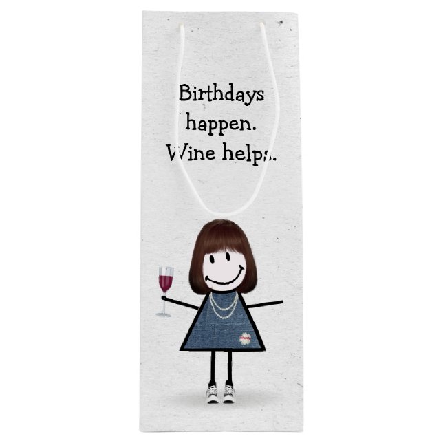 Birthday Stick Figure Girl with Red Wine Glass Win Gift Bag (Front)