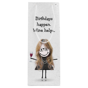 Birthday Stick Figure Girl with Red Wine Glass Wine Gift Bag