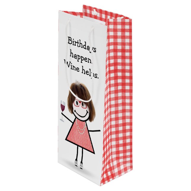 Birthday Stick Figure Girl with Red Wine Wine Gift Bag (Front Angled)