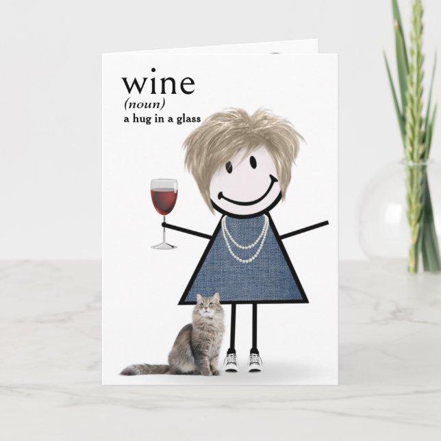 Birthday Stick Figure Girl With Wine And Cat Card (Front)