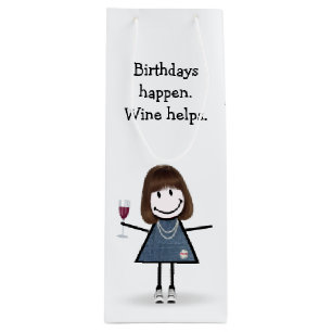 Birthday Stick Figure Girl with Wine  Gift Bag