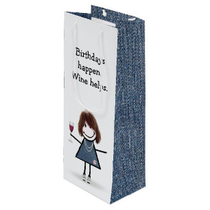 Birthday Stick Figure Girl with Wine Glass Wine  Gift Bag