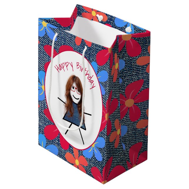 Birthday Stick Girl and Daisies On Blue Denim  Medium Gift Bag (Front Angled)