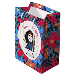 Birthday Stick Girl and Daisies On Blue Denim Medium Gift Bag