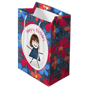 Birthday Stick Girl and Daisies On Blue Denim Medium Gift Bag