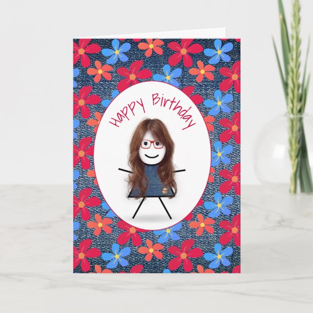 Birthday Stick Girl and Daisies On Denim   Card (Front)