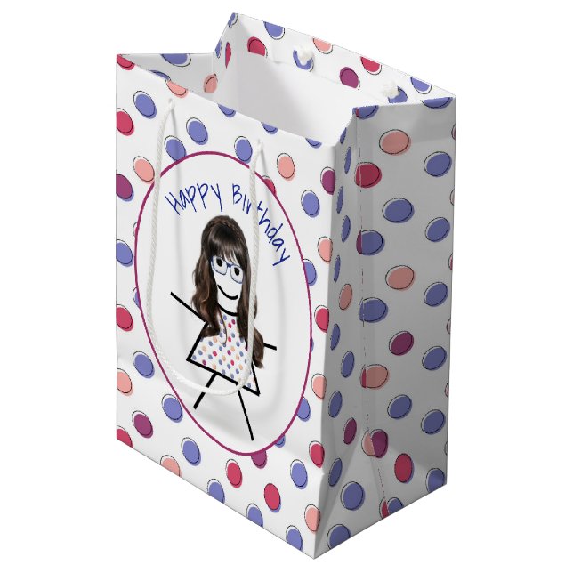 Birthday Stick Girl on Polka Dots  Medium Gift Bag (Front Angled)