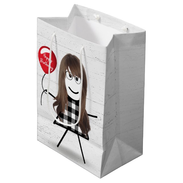 Birthday Stick Girl with Balloon on Wood   Medium Gift Bag (Front Angled)