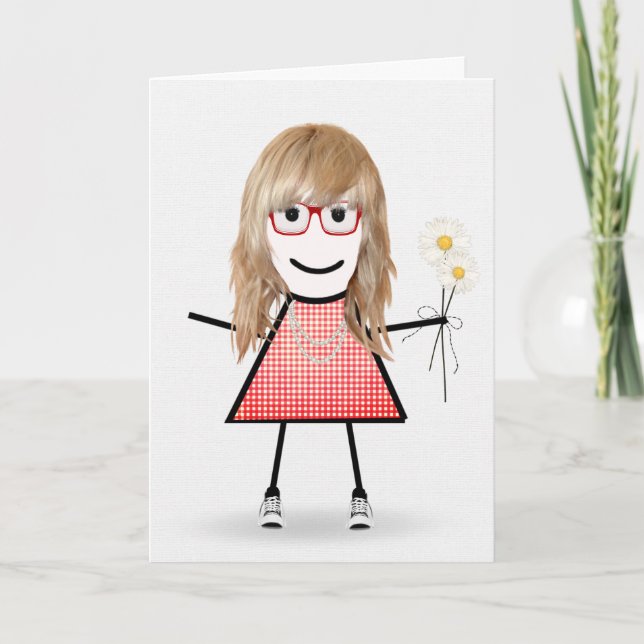 Birthday Stick Girl With Daisies Card (Front)