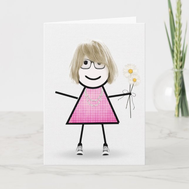 Birthday Stick Girl With Daisies   Card (Front)